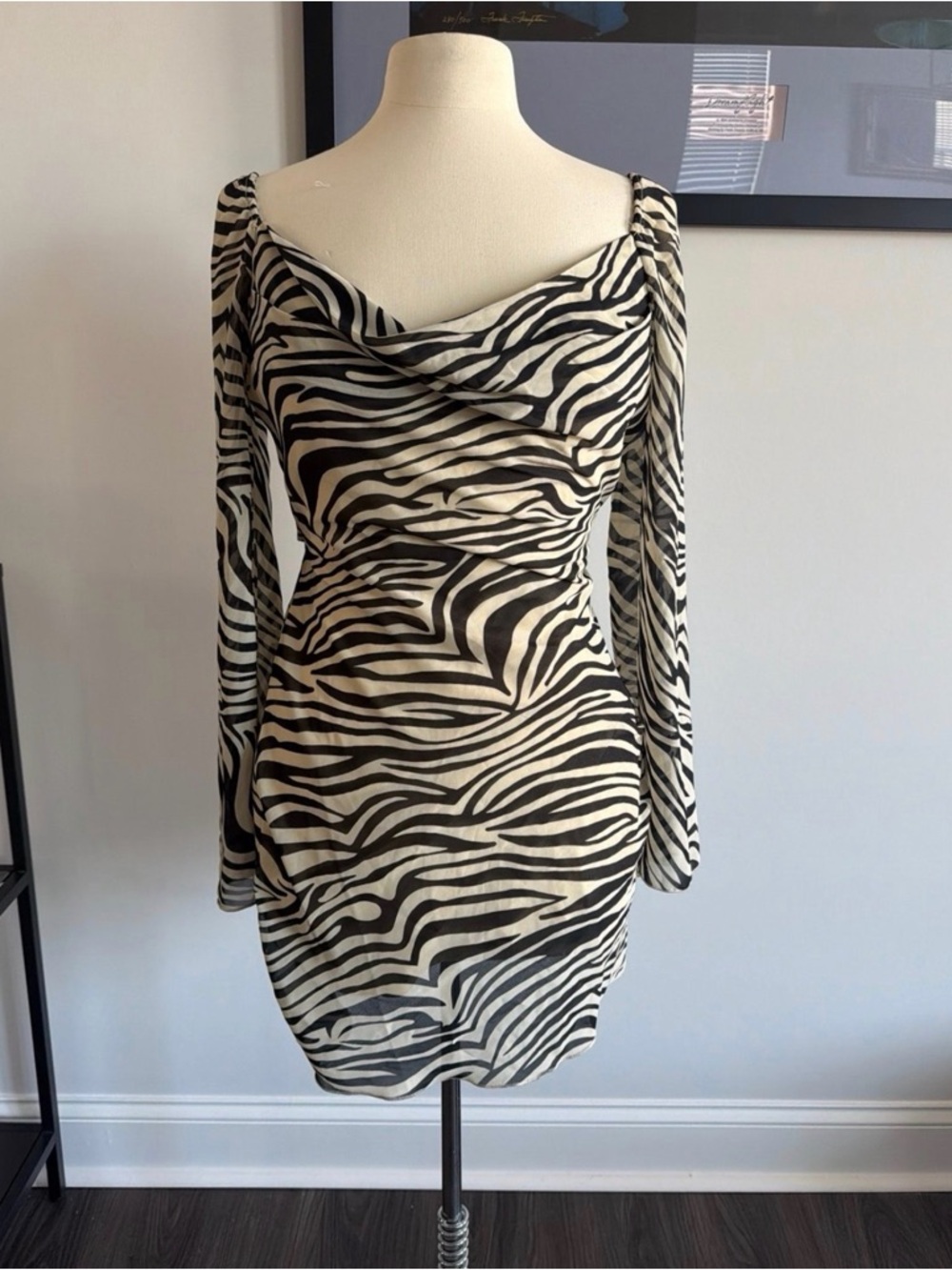 Fashion Nova Zebra Print Cowl Neck Long Sleeve Dress - Black & Cream open back